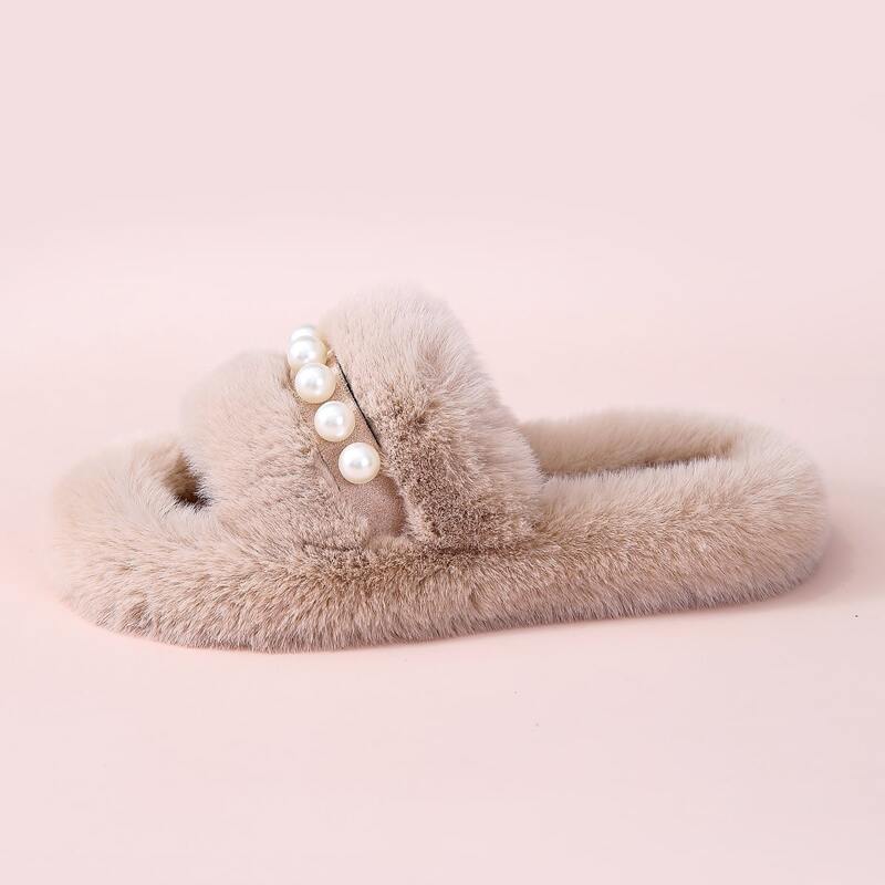 

Faux Pearl Decor Fluffy Slippers, Khaki