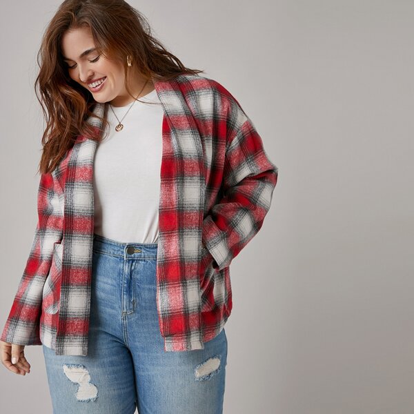 

Plus Plaid Open Front Overcoat, Multicolor