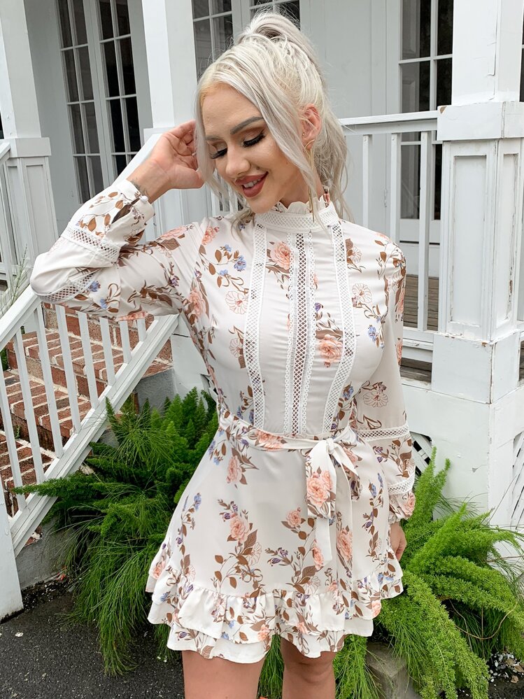 Eilly Bazar Lace Insert Ruffle Hem Belted Floral Dress Casual