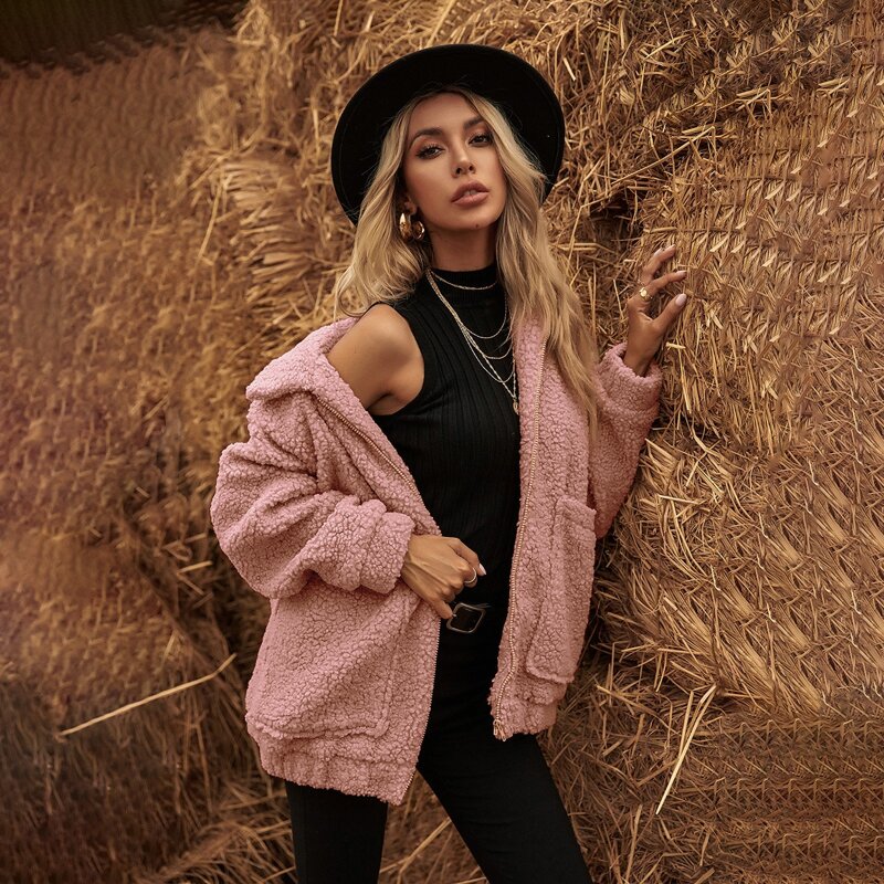 

Pocket Front Zip Up Teddy Jacket, Dusty pink
