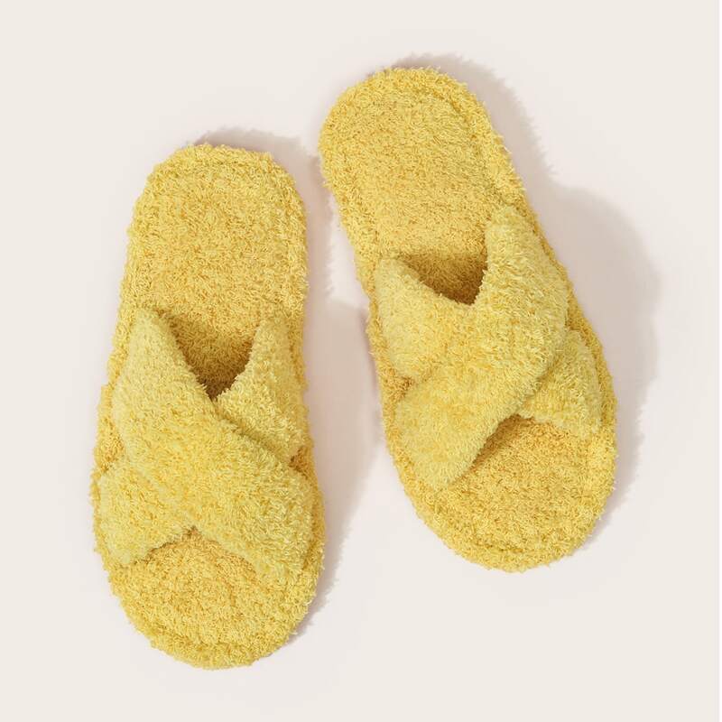 

Cross Strap Fluffy Slippers, Yellow