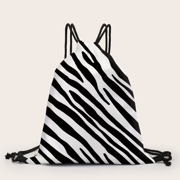 

Zebra Striped Drawstring Backpack, Black and white