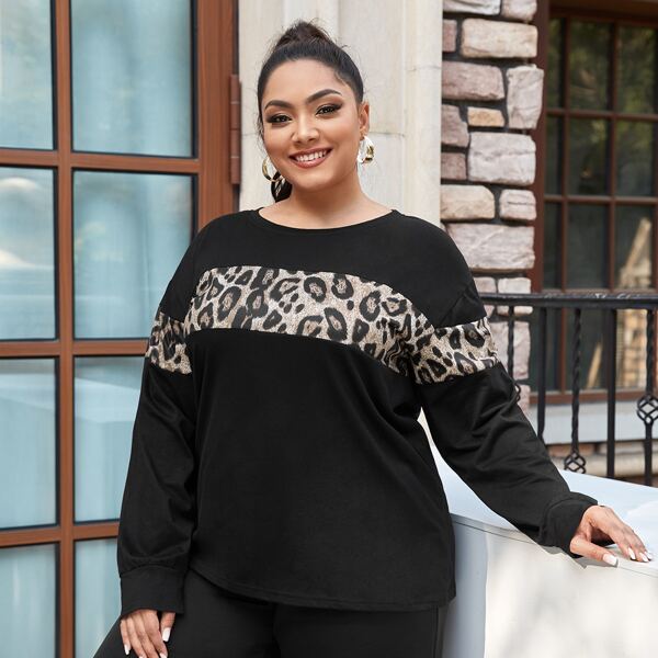

Plus Leopard Print Drop Shoulder Sweatshirt, Black