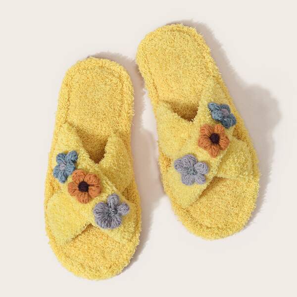 

Floral Decor Cross Strap Fluffy Slippers, Yellow