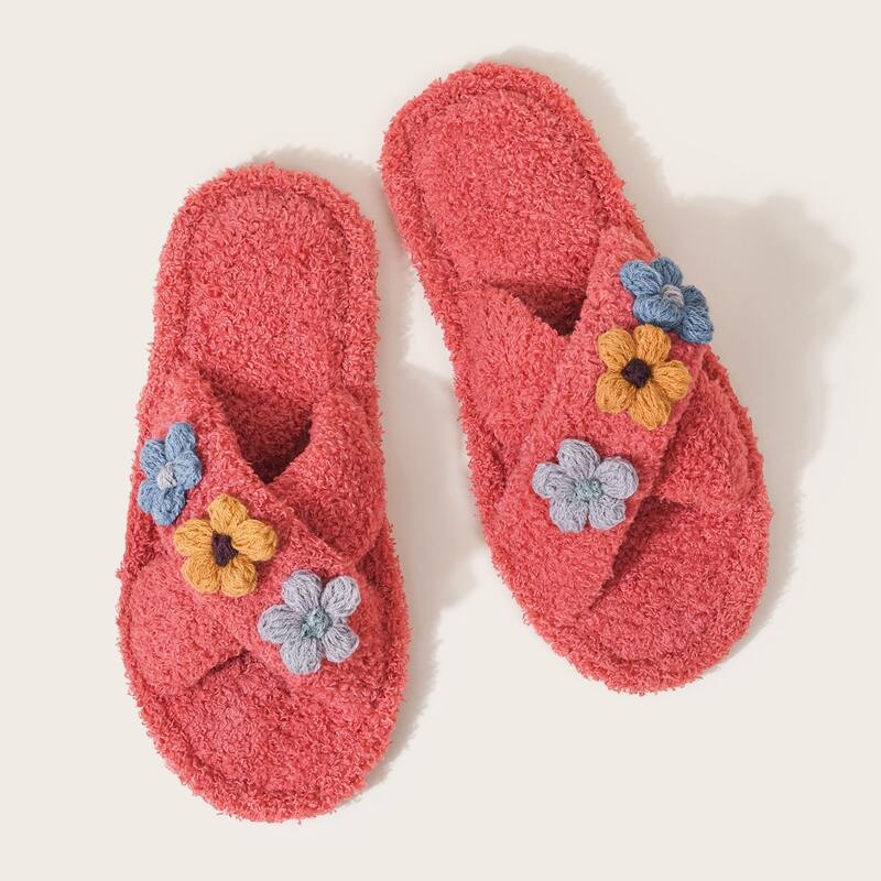 

Floral Decor Cross Strap Fluffy Slippers, Red