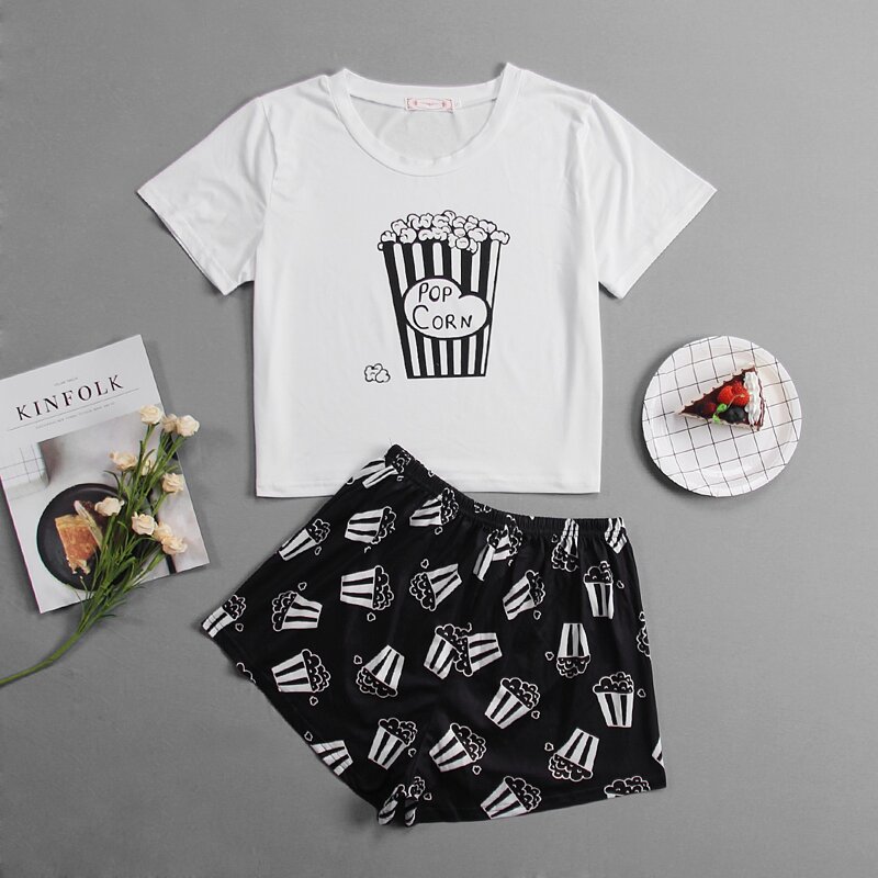 

Cartoon And Letter Graphic Pajama Set, Black and white