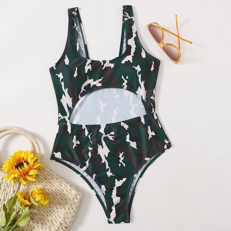 

Camo Print Cut-out Tank One Piece Swimsuit, Multicolor