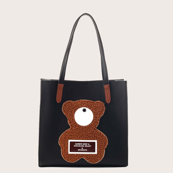 

Bear & Letter Graphic Tote Bag, Black