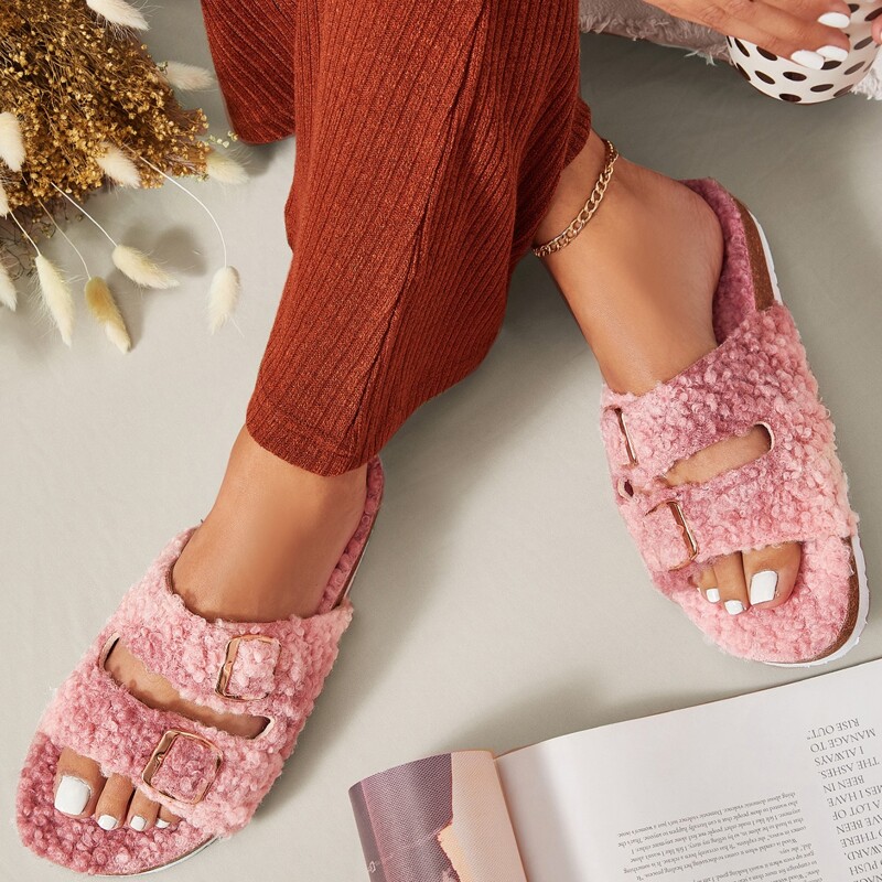 

Fuzzy Double Buckle Sandals, Dusty pink
