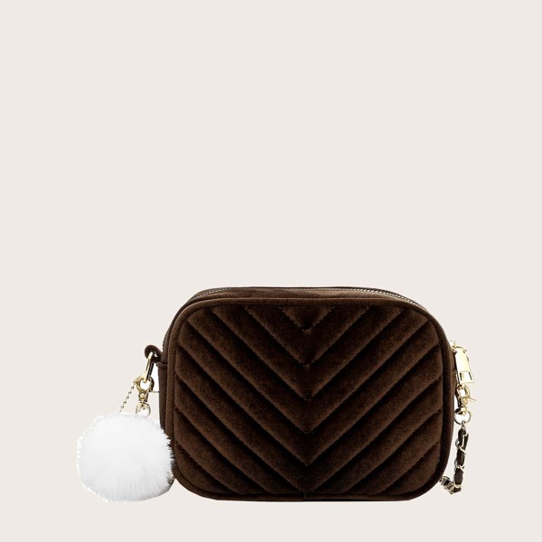 

Pom Pom Decor Chevron Crossbody Bag, Coffee brown