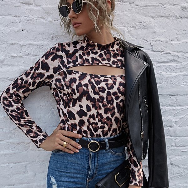 

Cheetah Print Mock Neck Peekaboo Tee, Multicolor