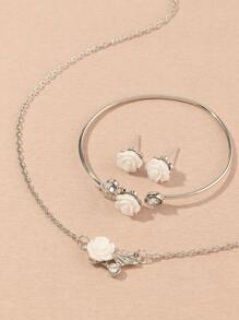 4pcs/Set Floral Earring, Necklace, Bracelet Jewelry Combo, Simple & Practical Multifunctional - Silver - View 3