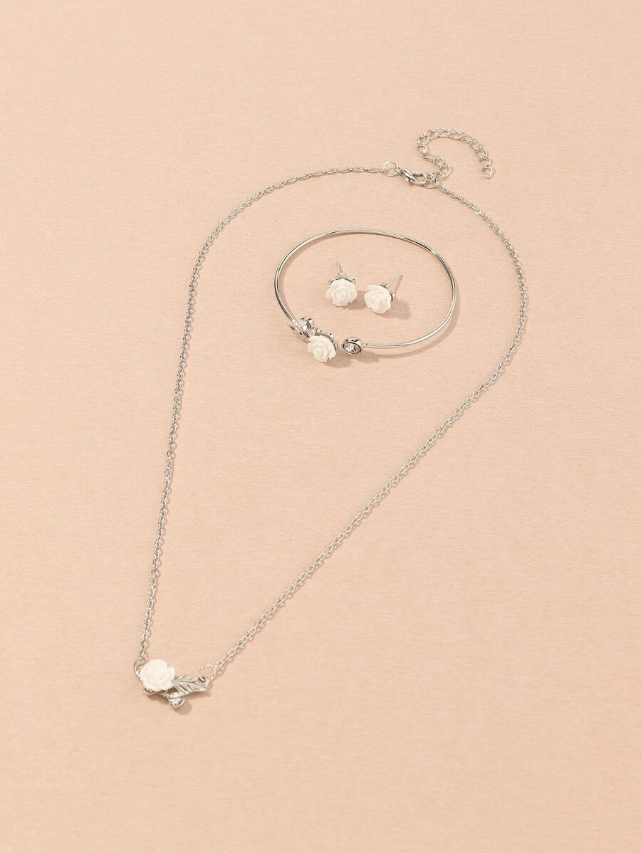4pcs/Set Floral Earring, Necklace, Bracelet Jewelry Combo, Simple & Practical Multifunctional - Silver - View 1
