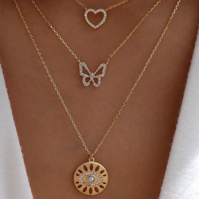 

Rhinestone Butterfly Charm Layered Necklace, Gold