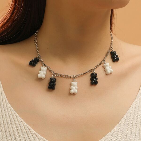 

Cartoon Bear Charm Necklace, Black and white