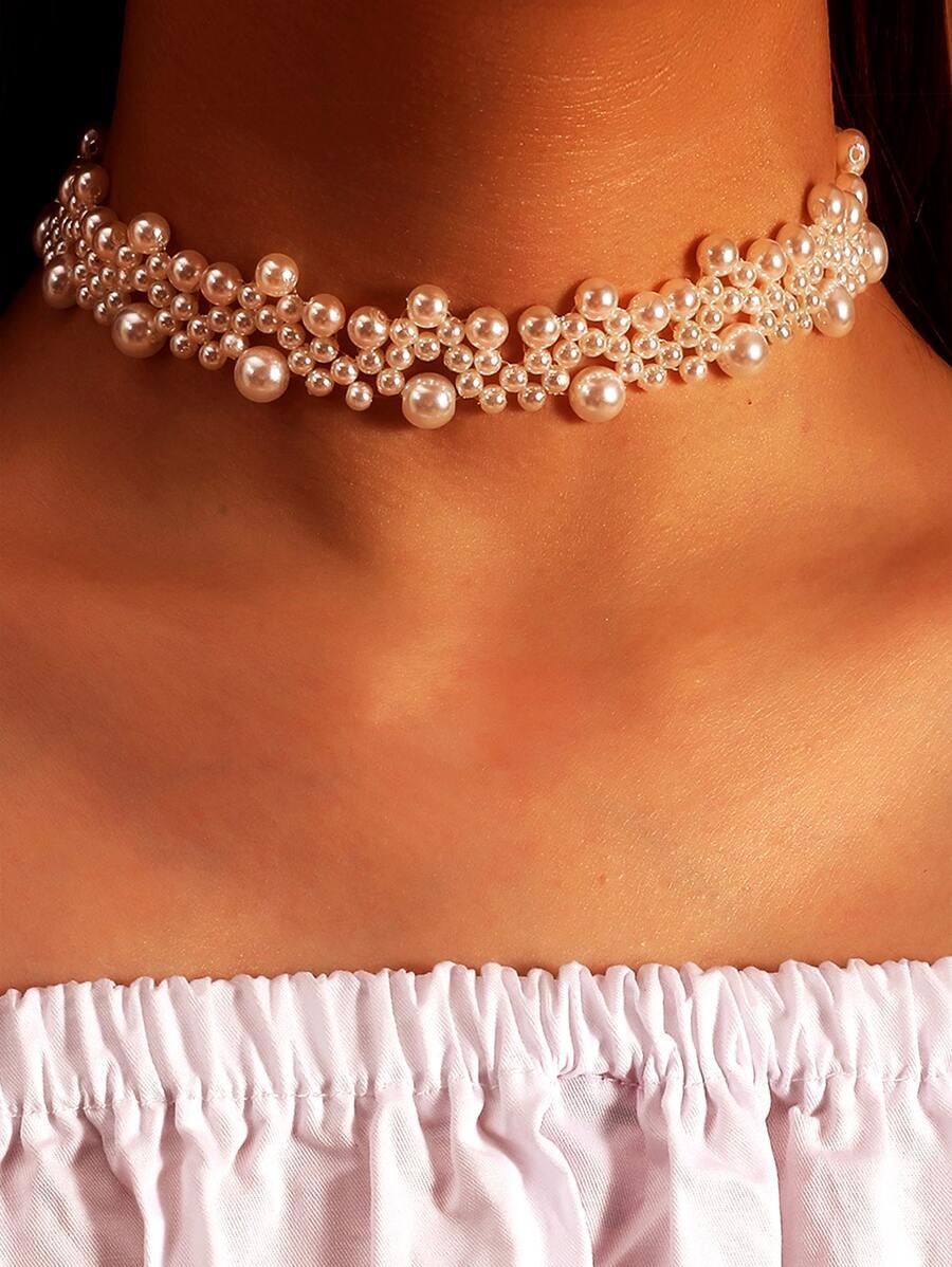 Faux Pearl Beaded Choker - White - View 1