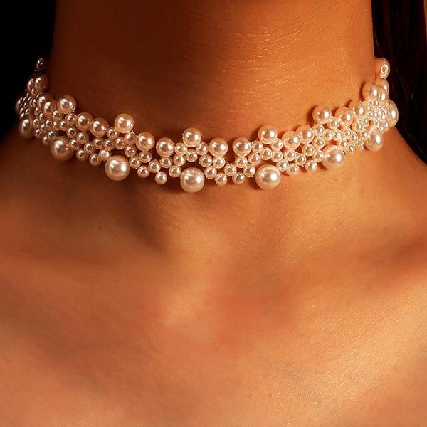 

Faux Pearl Beaded Choker, White
