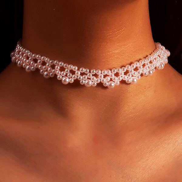 

Faux Pearl Beaded Choker, White