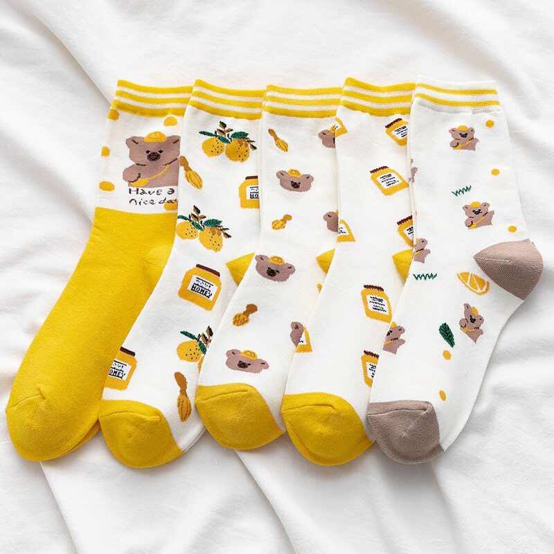 

5pairs Cartoon Bear Print Socks, Multicolor