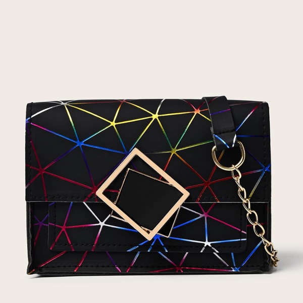 

Geometric Graphic Flap Crossbody Bag, Black