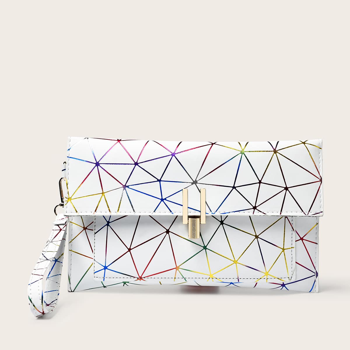 

Geometric Graphic Flap Clutch Bag, White