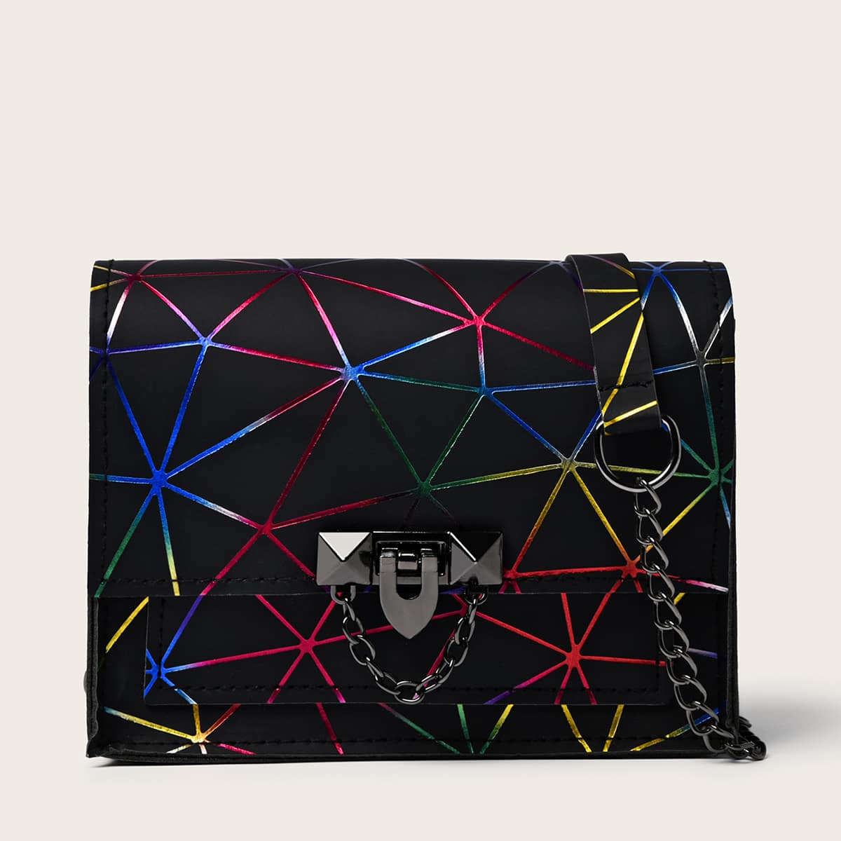 

Geometric Graphic Flap Crossbody Bag, Black