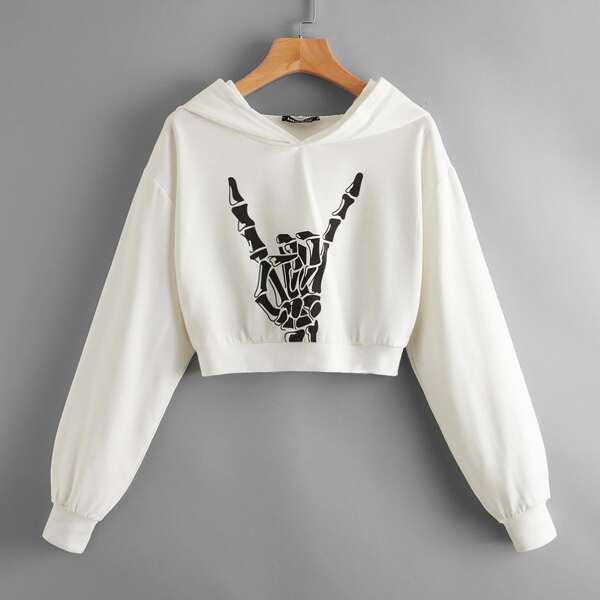 

Skeleton Hand Print Crop Hoodie, Beige