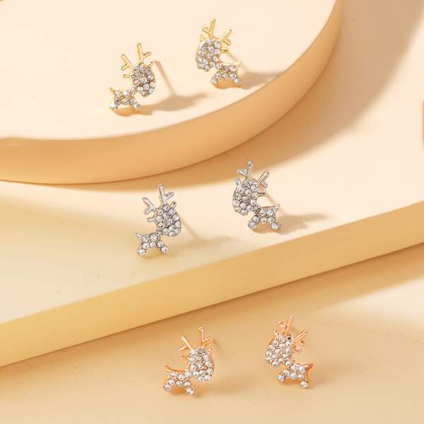 

3pairs Rhinestone Deer Design Stud Earrings, Multicolor