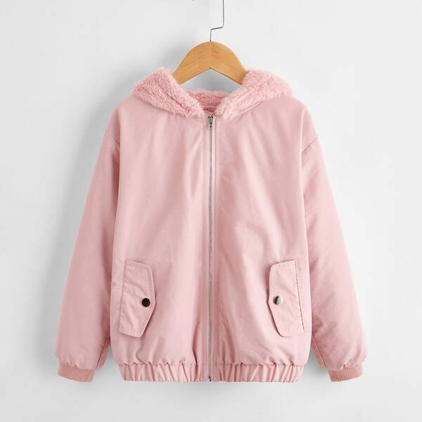 

Girls Flap Pocket Hooded Jacket, Baby pink