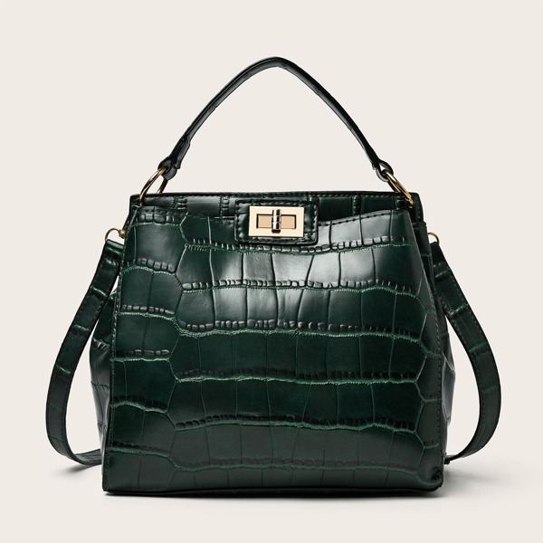 

Croc Embossed Twist Lock Bucket Bag, Green