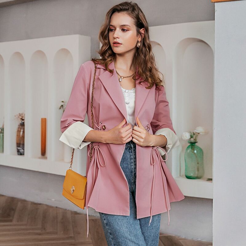 

Double Button Lace Up Detail Blazer, Dusty pink