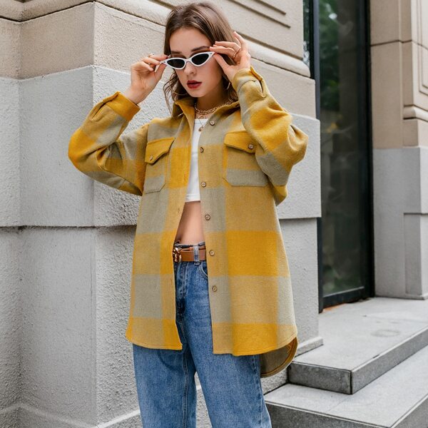 

Drop Shoulder Button Front Plaid Oversized Coat, Mustard yellow