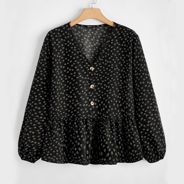 

Plus Ditsy Floral Print Button Front Babydoll Blouse, Black