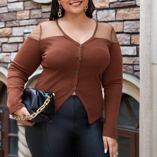 

Plus Mesh Yoke Button Up Top, Rust brown