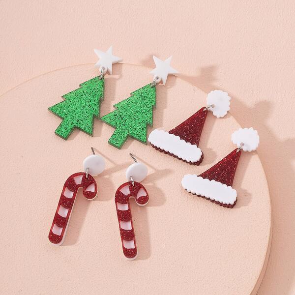 

3pairs Christmas Tree Drop Earrings, Multicolor