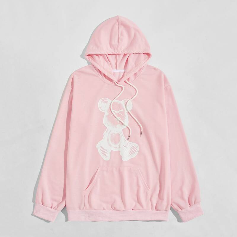 

Guys Cartoon Graphic Pocket Hoodie, Baby pink