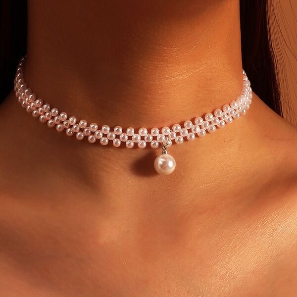 

Faux Pearl Beaded Choker, White