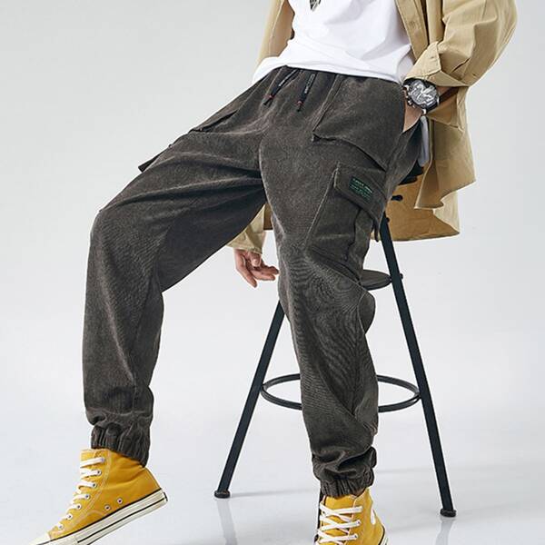 

Men Flap Pocket Corduroy Cargo Pants, Dark grey