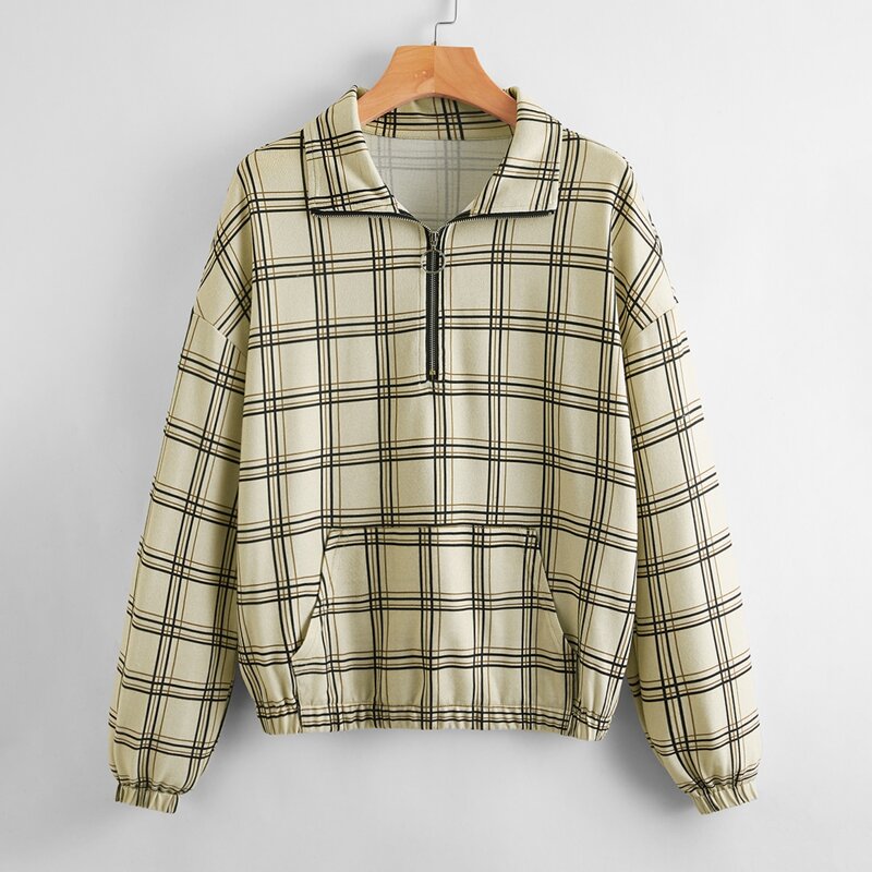 

Plaid Half Zip Kangaroo Pocket Sweatshirt, Khaki