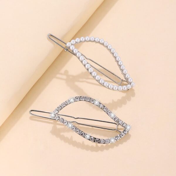 

2pcs Rhinestone & Faux Pearl Decor Hair Clip, Silver