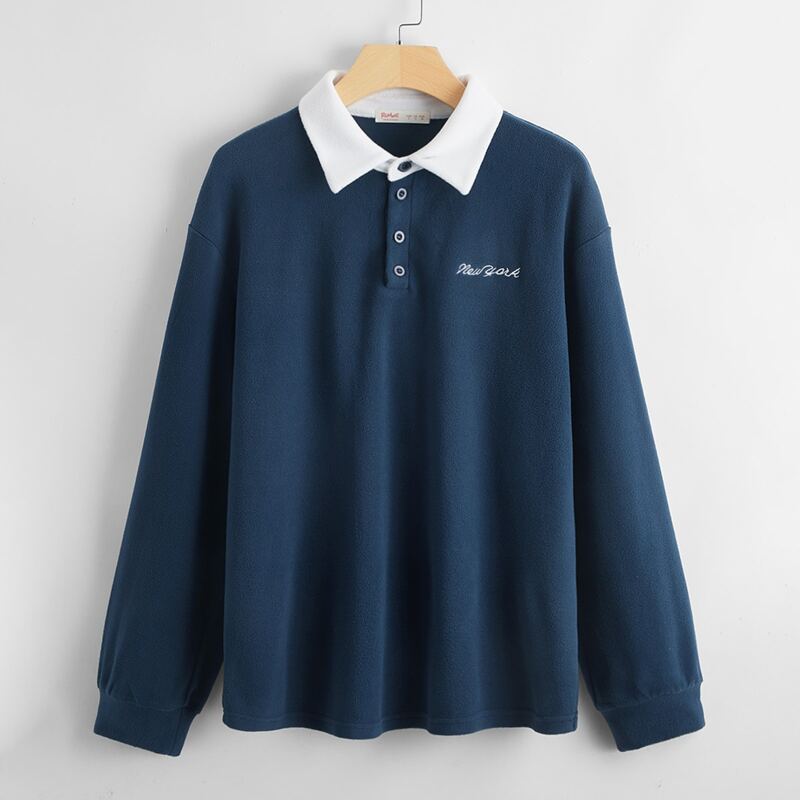 

Letter Embroidery Polo Neck Sweatshirt, Navy blue