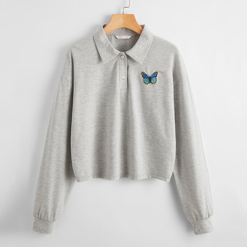 

Polo Neck Butterfly Pattern Tee, Light grey