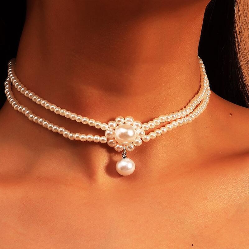 

Faux Pearl Beaded Layered Necklace, White