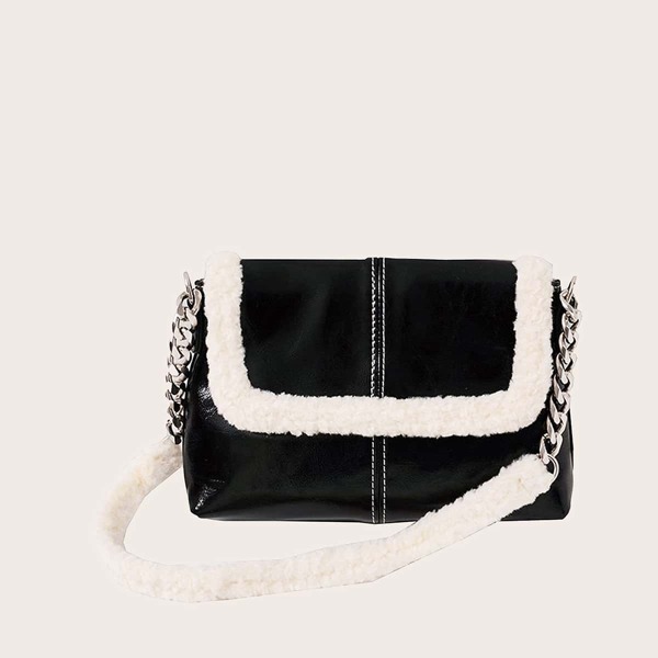 

Contrast Faux Fur Shoulder Bag, Black