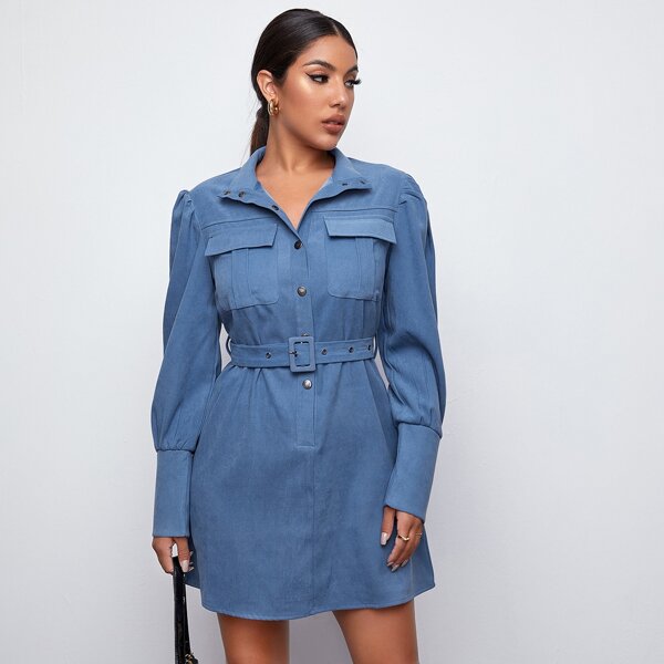

Flap Pocket Front Self Belted Dress, Blue