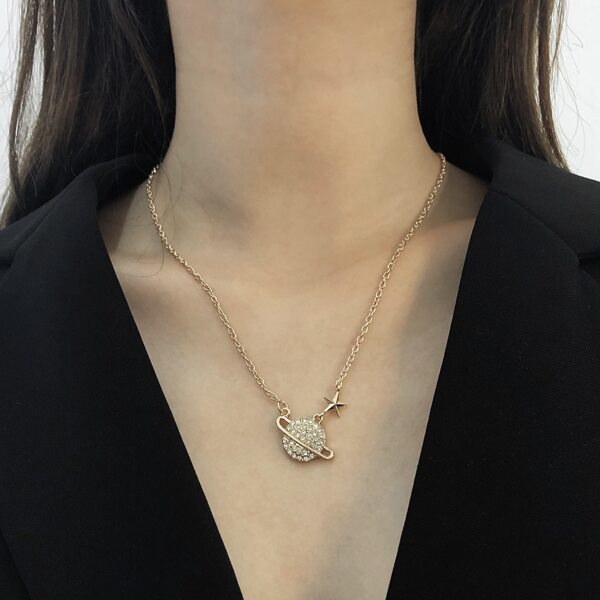 

Rhinestone Planet Charm Necklace, Gold