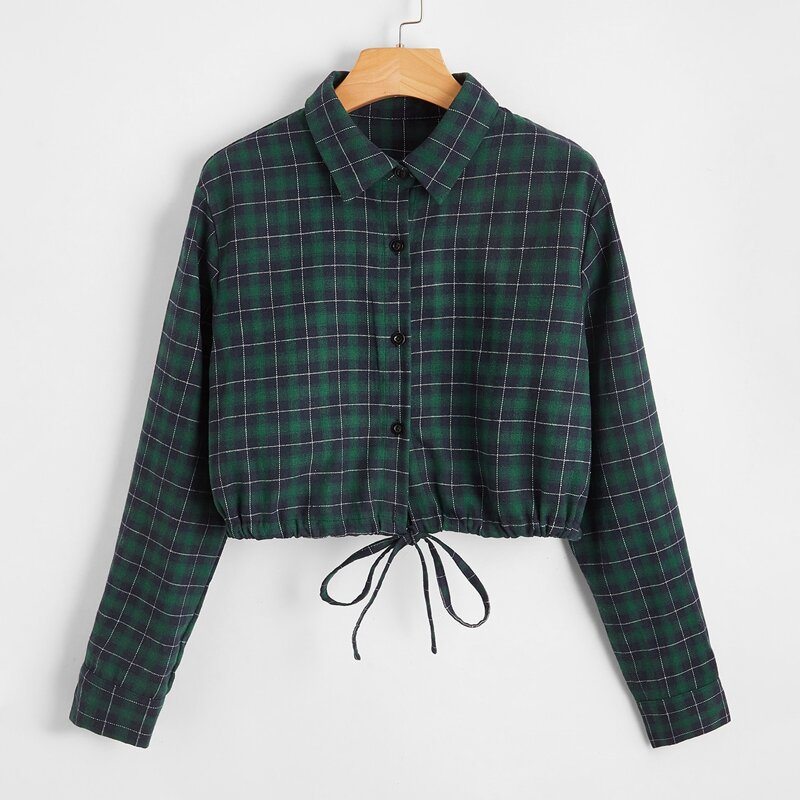 

Plaid Button Front Drawstring Blouse, Green