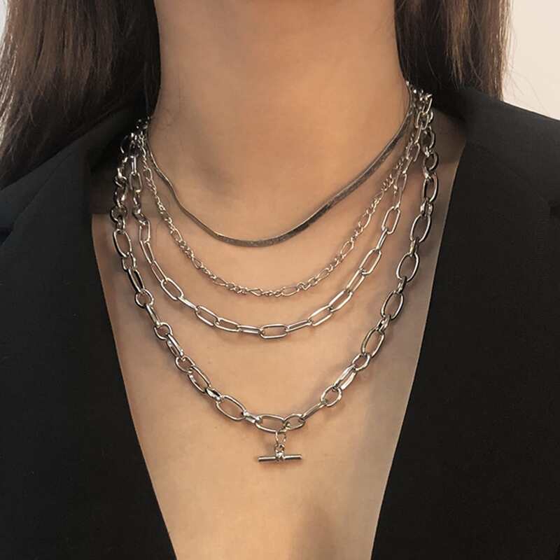 

Bar Decor Layered Chain Necklace, Silver