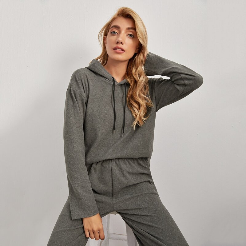 

Drop Shoulder Drawstring Hooded Top & Pants Lounge Set, Dark grey