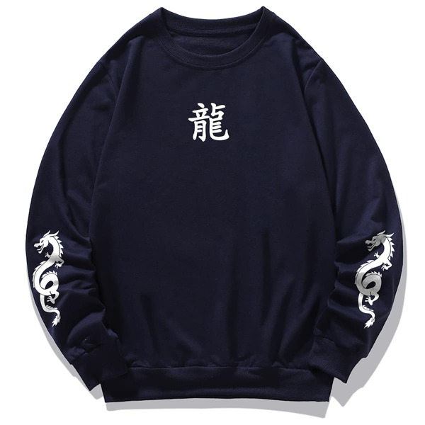 

Men Chinese Letter & Dragon Print Sweatshirt, Navy blue